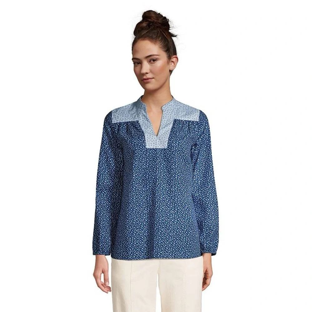 Lands’ End Deep Navy Dot Star Blue Floral Women's Poplin Peasant Top Size XL 18